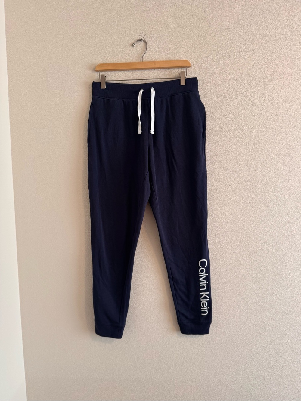 Calvin Klein Navy Blue Logo Jogger Sweatpants with White Drawstring